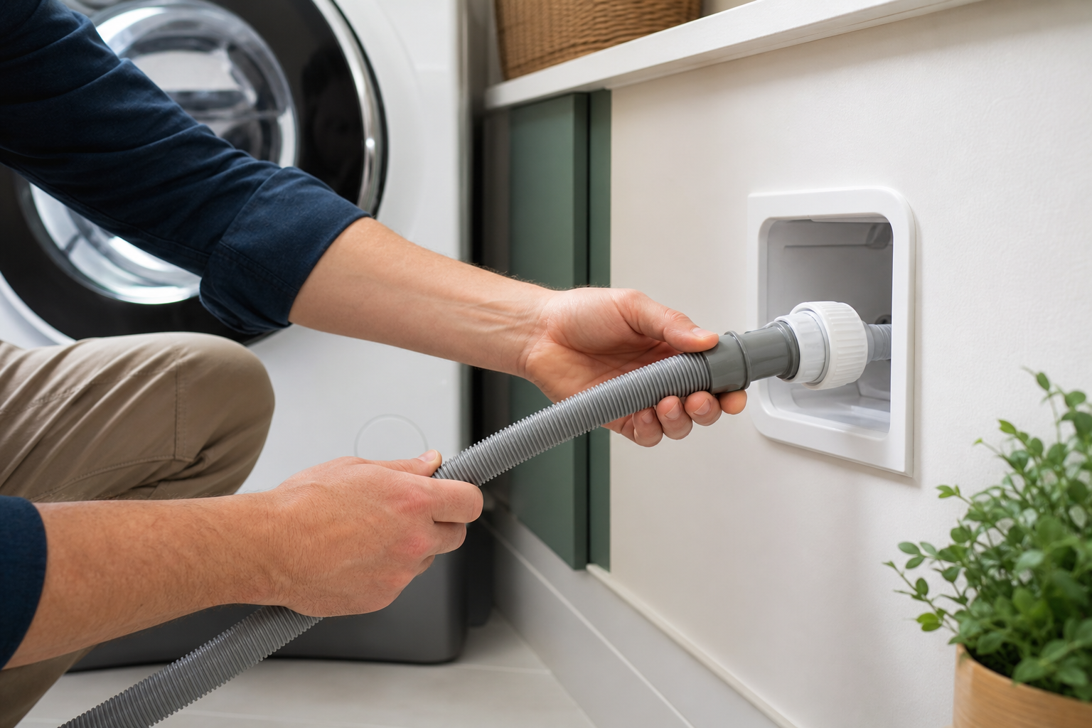 Afvoerslang van een wasmachine met koppeling en open afvoer in een bijkeuken
