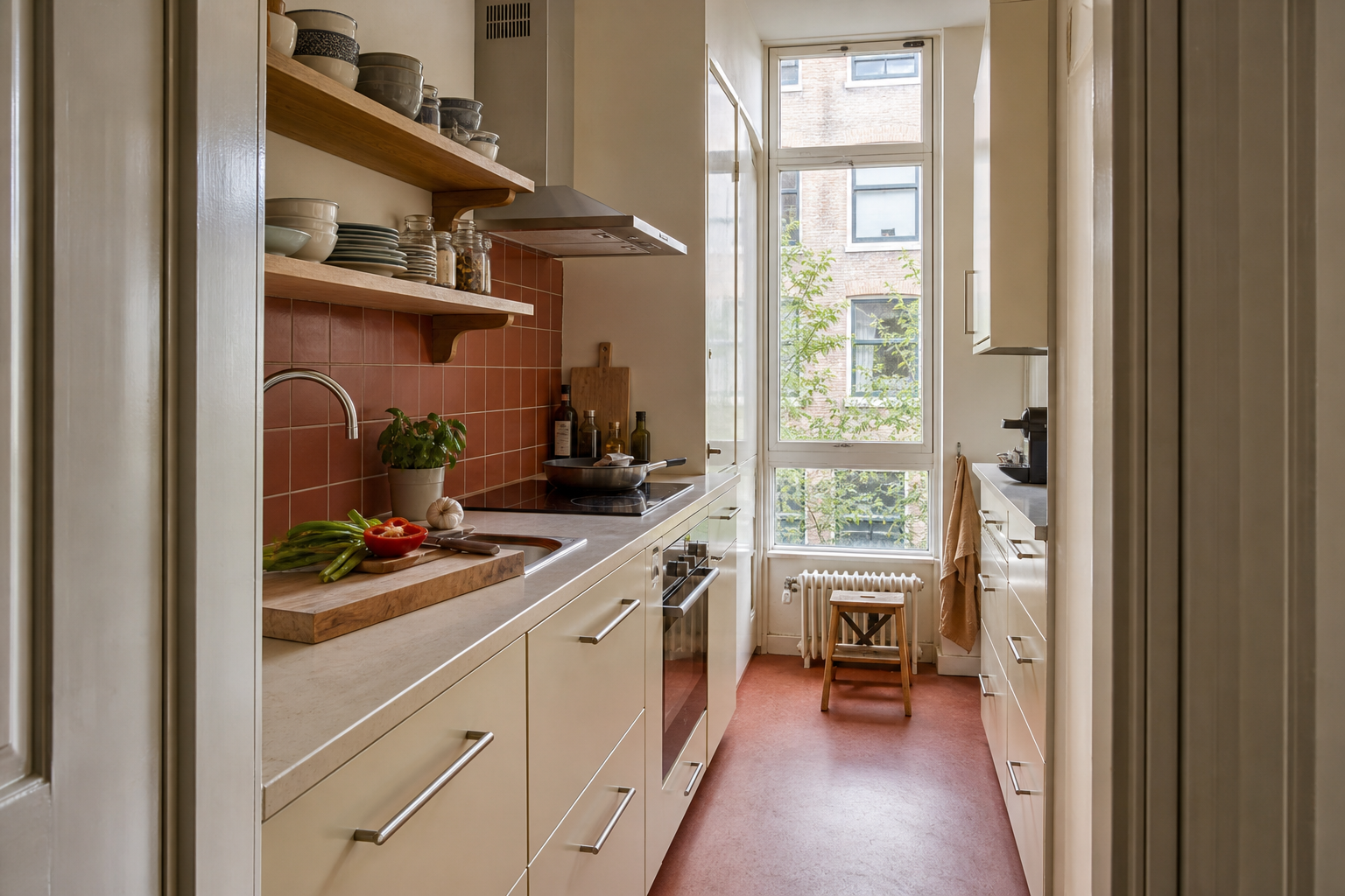 Lichte woonkamer met een rode leesstoel, houten vloer en planten bij het raam
