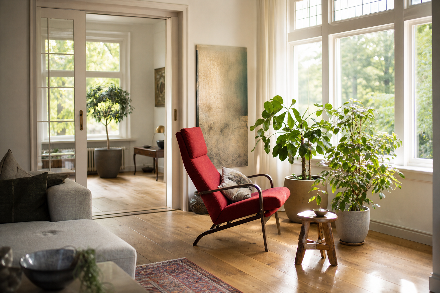 Lichte woonkamer met een rode leesstoel, houten vloer en planten bij het raam